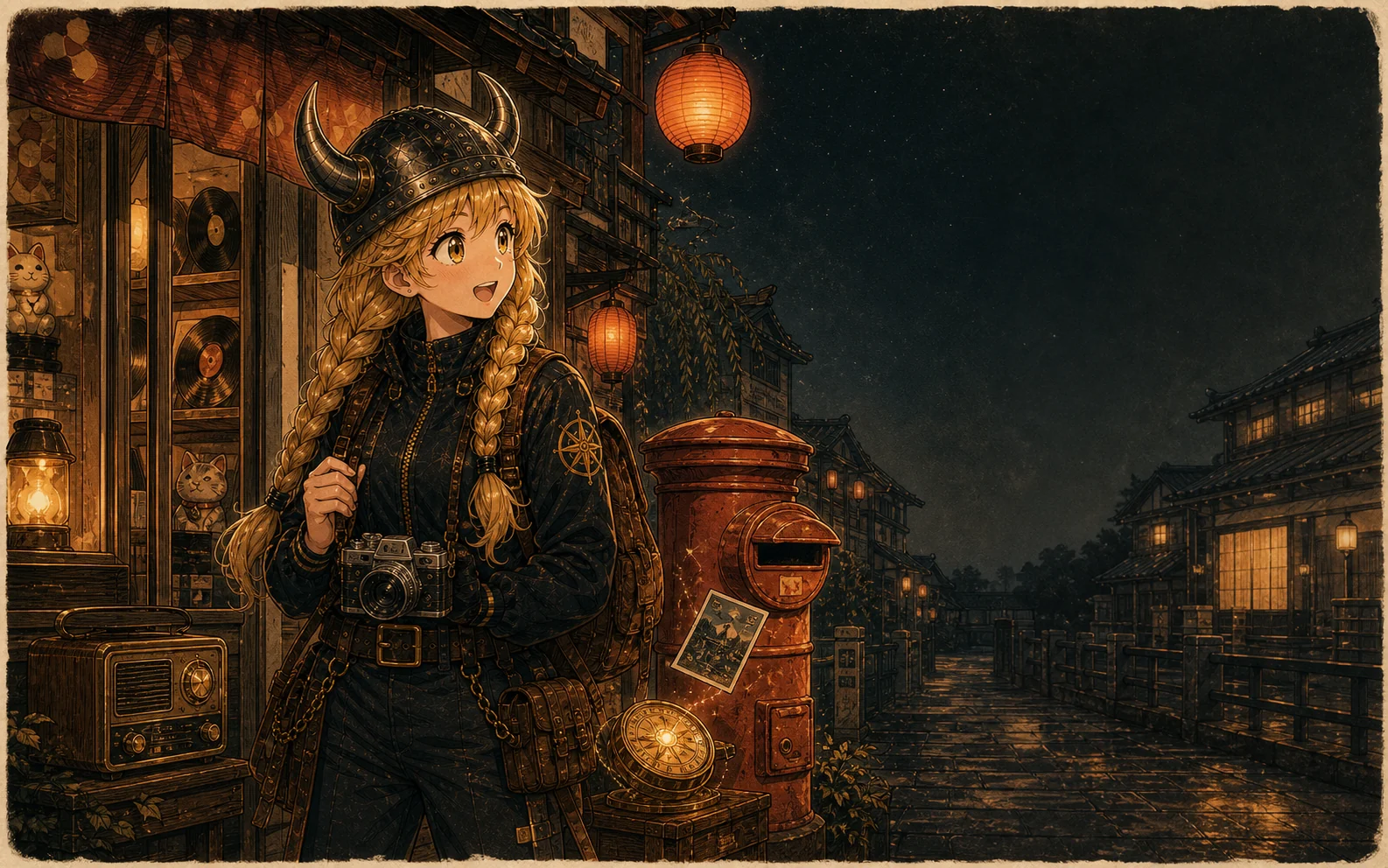 Lucy in a story-world street scene.